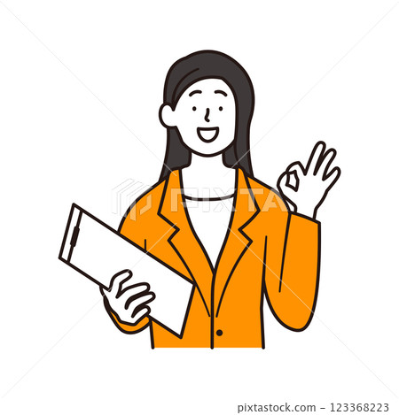Illustration material of the upper body of an Asian businesswoman holding a document and smiling while giving an OK sign 123368223