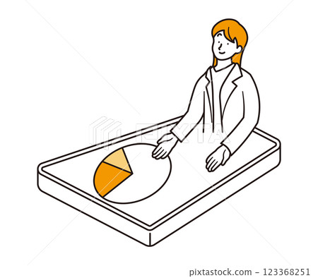 Simple illustration of a businesswoman explaining a pie chart on a tablet Simple illustration of a businesswoman explaining a pie chart on a tablet 123368251