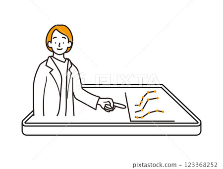 Simple illustration of a businesswoman explaining a line graph on a tablet Simple illustration of a businesswoman explaining a line graph on a tablet 123368252