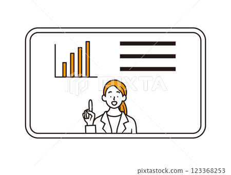 Simple illustration of a businesswoman explaining a bar graph on a tablet Simple illustration of a businesswoman explaining a bar graph on a tablet 123368253