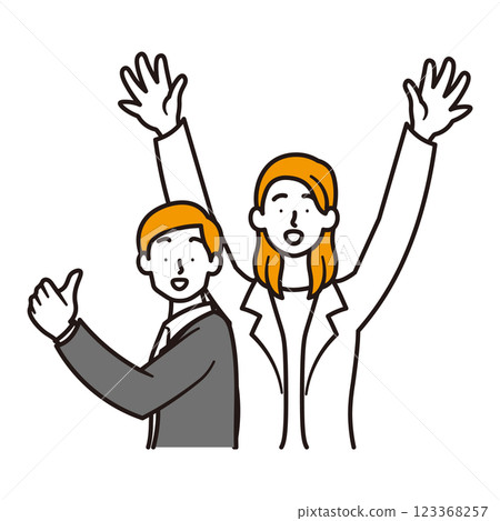 A simple illustration material of a woman doing a banzai and a man doing a good pose 123368257