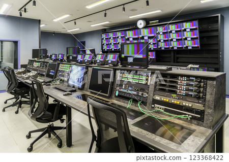 Inside a TV station's control room. Filming cooperation: SKY Perfect TV Tokyo Media Center 123368422