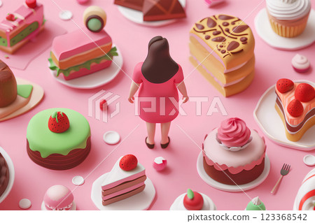 A fat girl with lots of sweets 123368542