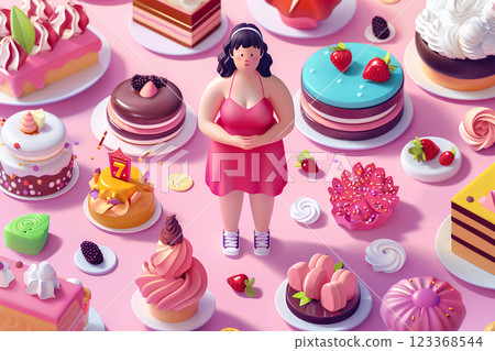 A fat girl with lots of sweets 123368544