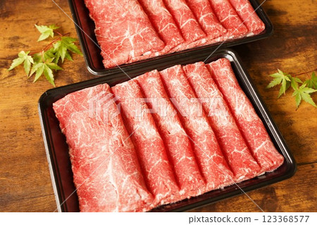 Specially selected lean slices of Japanese black beef Specially selected lean slices of Japanese black beef 123368577