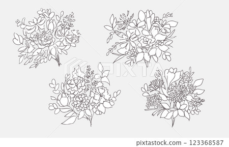 Hand drawn bouquet illustration. Vector bouquet illustration. Line drawing illustration of bouquet. 123368587