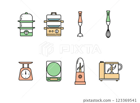 插畫素材：簡易廚房烹飪用具線描插圖集（彩色） 123369541