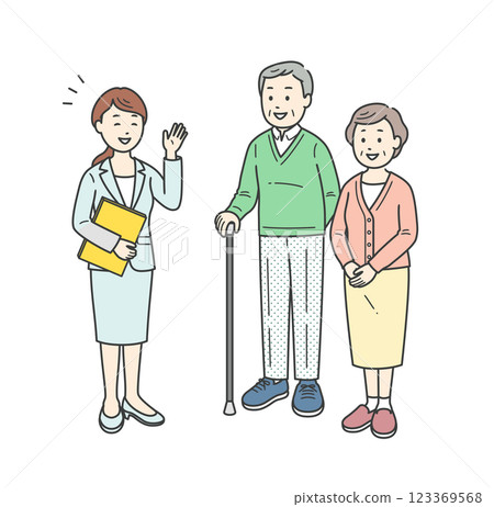 一對老年夫婦接受一位穿西裝的女士解釋的插圖（彩色 123369568