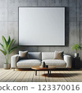 Modern living room with blank poster picture frame on the wall with plant. minimal style concept. 123370016