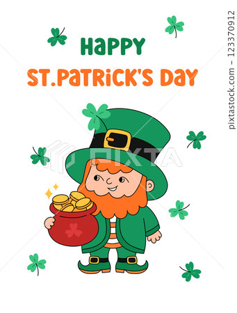 St Patricks Day greeting card, vector illustration. Cute leprechaun holding pot of gold. Shamrocks Saint Patrick Day March 17 symbol. Colorful Irish elements and text St Patricks Day greeting card, vector illustration. Cute leprechaun holding pot of gold. Shamrocks Saint Patrick Day March 17 symbol. Colorful Irish elements and text 123370912