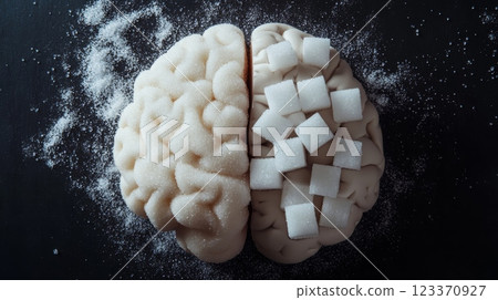 Brain split in two, one with sugar cubes, the other with granulated sugar, on dark background symbolizing sugar's harmful effects on health and cognition 123370927