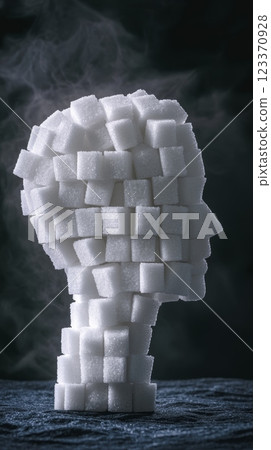 White sugar cubes arranged in the shape of a human head silhouette against a dark smoky background, symbolizing excessive sugar intake and its potential health risks 123370928