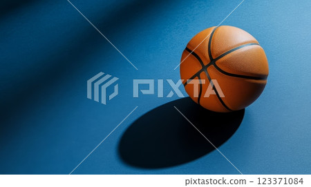 Basketball sits on a blue court, casting a long shadow under dramatic lighting, creating a captivating scene of anticipation and sporting prowess 123371084