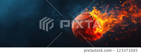 Realistic basketball engulfed in flames, creating a dynamic trail of fire and smoke against a dark background, symbolizing intense competition and passion for the sport 123371085