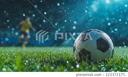 Soccer ball covered in water droplets lies on the lush green grass of a playing field during a night match, a blurred player in the background adding a sense of action and anticipation Soccer ball covered in water droplets lies on the lush green grass of a playing field during a night match, a blurred player in the background adding a sense of action and anticipation 123371175