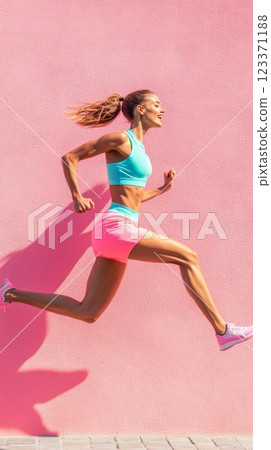 Full length profile view of a fit woman running against a vibrant pink wall, showcasing athleticism, energy, and urban fitness 123371188