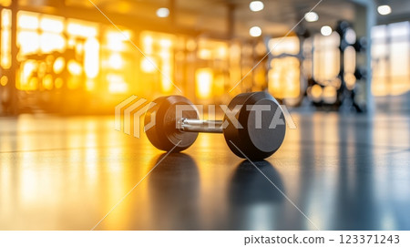 Black dumbbell rests on shiny gym floor reflecting warm sunlight in modern fitness center, creating inviting atmosphere for workout 123371243