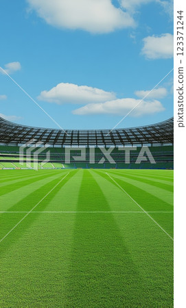 Lush green soccer field stretches across an empty stadium under a vibrant blue sky, promising an exciting game day experience 123371244