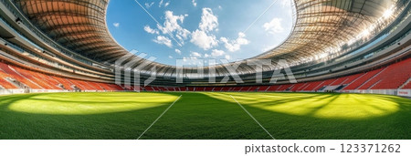Lush green soccer field stretches across a panoramic view of an empty stadium, bathed in the sunlight filtering through a cloudy sky, creating an inviting atmosphere of sporting anticipation 123371262