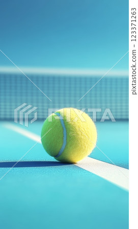 Fluorescent yellow tennis ball sits on the vibrant blue surface of a tennis court, casting a subtle shadow against the white line and blurred net in the background 123371263