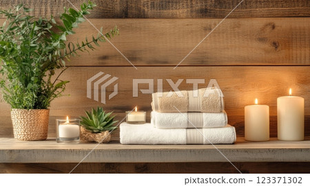 Arranged towels and candles on wooden shelf create spa like atmosphere, ideal for relaxation and pampering. Serene setting for unwinding and self care 123371302