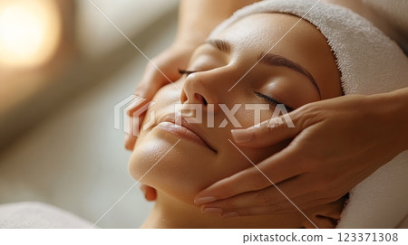 Woman enjoys a relaxing facial massage at a spa, promoting wellness and rejuvenation with gentle hands enhancing her skin's glow and smoothness 123371308