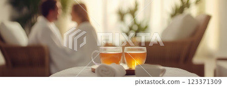Two cups of herbal tea are steaming on a table in a spa, with a blurred out couple in bathrobes relaxing in the background 123371309