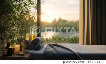 Neatly rolled towels on massage table in spa, warm sunrise light, serene lake view, flickering candle, soothing aroma, cozy luxury interior for relaxation and wellness 123371310