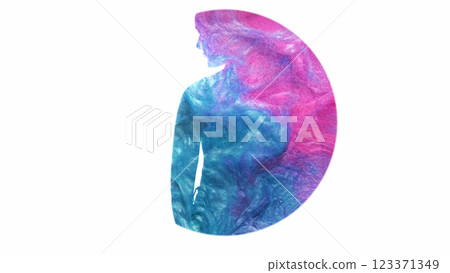Art silhouette. Spiritual energy. Shiny pink blue paint splash double exposure outline of peaceful woman in circle frame isolated on white copy space background. 123371349