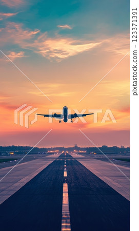 Large passenger jet is landing at an airport as the sun sets, casting a warm glow on the scene. The airplane is silhouetted against the colorful sky, creating a sense of wonder and adventure 123371391