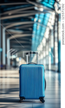 Bright blue suitcase stands confidently in a modern airport terminal, ready for its owner's upcoming journey 123371392