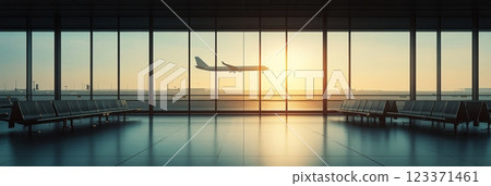 Sunset at a modern airport terminal, with a plane landing outside. Spacious interior with empty seats and panoramic windows. Clean design creates tranquility for travelers 123371461