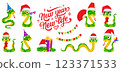 Cute snakes set. Chinese 2025 New Year symbol. Chinese horoscope zodiac sign. Snake characters in different pose, in Santa hat, with gift box. Cartoon vector illustration isolated on white background 123371533