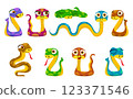 Cute color snakes set. Chinese horoscope zodiac sign. Snake characters in different pose. Cartoon vector illustration. Vector illustration 123371546
