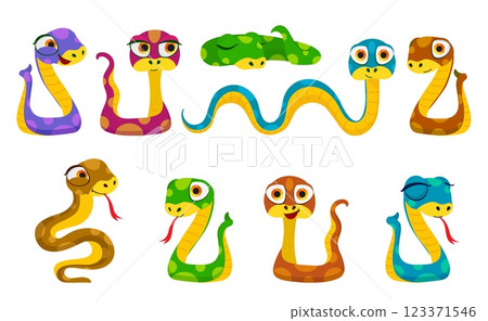 Cute color snakes set. Chinese horoscope zodiac sign. Snake characters in different pose. Cartoon vector illustration. Vector illustration Cute color snakes set. Chinese horoscope zodiac sign. Snake characters in different pose. Cartoon vector illustration. Vector illustration 123371546