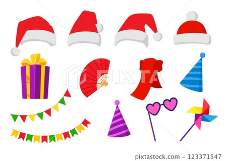 Holiday accessories, vector illustration set. Santa hat, heart-shaped glasses for photo, pinwheel, party hats, attributes of new year, birthday. Red hats with pompom, scarf, flags, gift with bow Holiday accessories, vector illustration set. Santa hat, heart-shaped glasses for photo, pinwheel, party hats, attributes of new year, birthday. Red hats with pompom, scarf, flags, gift with bow 123371547