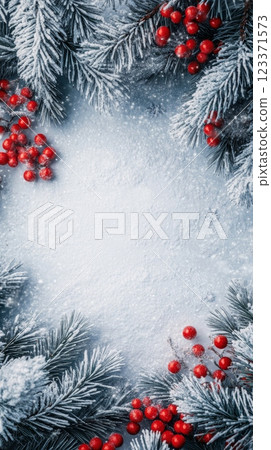 Panoramic festive background featuring snowy pine branches and bright red baubles, perfect for holiday designs. 123371573