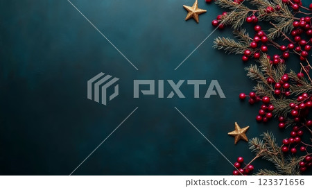 Festive Christmas background with red berries and golden stars. Ideal for holiday greetings and season's promotions. 123371656