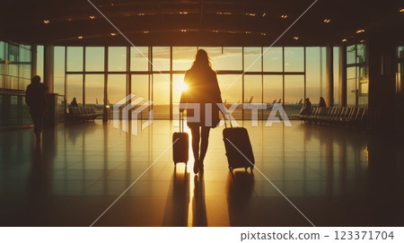 Woman is walking through an airport terminal with luggage at sunset. Airplanes are visible on the tarmac outside the windows 123371704