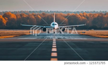 Large passenger airplane is taxiing on the runway after landing at the airport, with the sun setting over the trees in the background 123371705