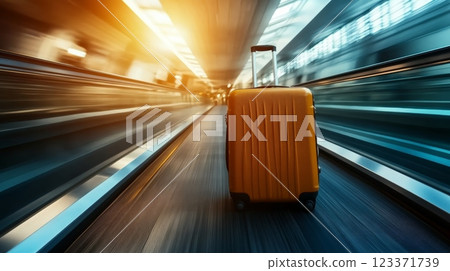 Orange suitcase is standing on a moving travelator in a modern airport, conveying a sense of speed and efficiency. The blurred background suggests a busy and dynamic atmosphere 123371739