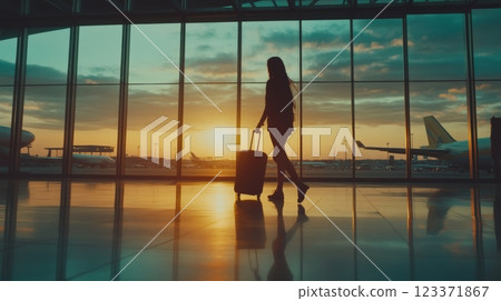 Businesswoman in a stylish dress walks through a modern airport terminal at sunset, pulling her rolling suitcase 123371867