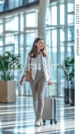 Young businesswoman is walking through a bright airport terminal pulling her suitcase behind her, looking towards her gate 123371919