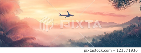 Airplane soaring above misty tropical forest during sunset, blending nature and travel in a peaceful scene ideal for backgrounds evoking freedom 123371936