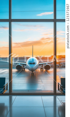 Modern passenger airplane is waiting at the gate in an airport at sunset, with the reflection of the plane visible on the terminal floor 123371987