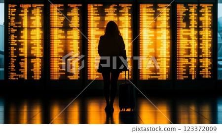 Woman passenger waits in the airport terminal, checking timetable screens, ready for her flight. Silhouetted against modern screens, she anticipates her journey Woman passenger waits in the airport terminal, checking timetable screens, ready for her flight. Silhouetted against modern screens, she anticipates her journey 123372009