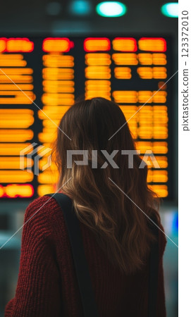 Traveler is looking at the timetable board at the airport, checking her flight information for departure and arrival times 123372010
