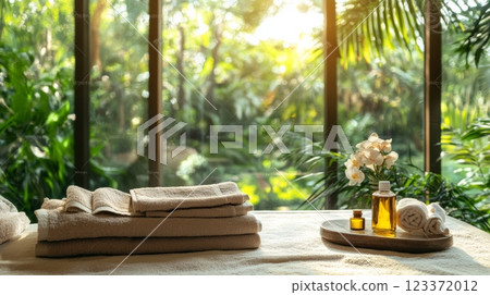 Relax in a luxurious spa with massages, wellness treatments, and calming vibes. Pamper yourself with towels, oil, and flowers in a serene oasis of self care and rejuvenation 123372012