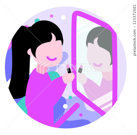 A bird's-eye view illustration of a Japanese woman applying makeup in the mirror_image of makeup in progress/retouching makeup 123372081