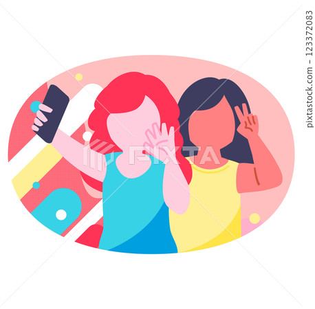 兩位少女用智慧型手機自拍：朋友們享受拍照的匿名插畫_跨國公司 123372083